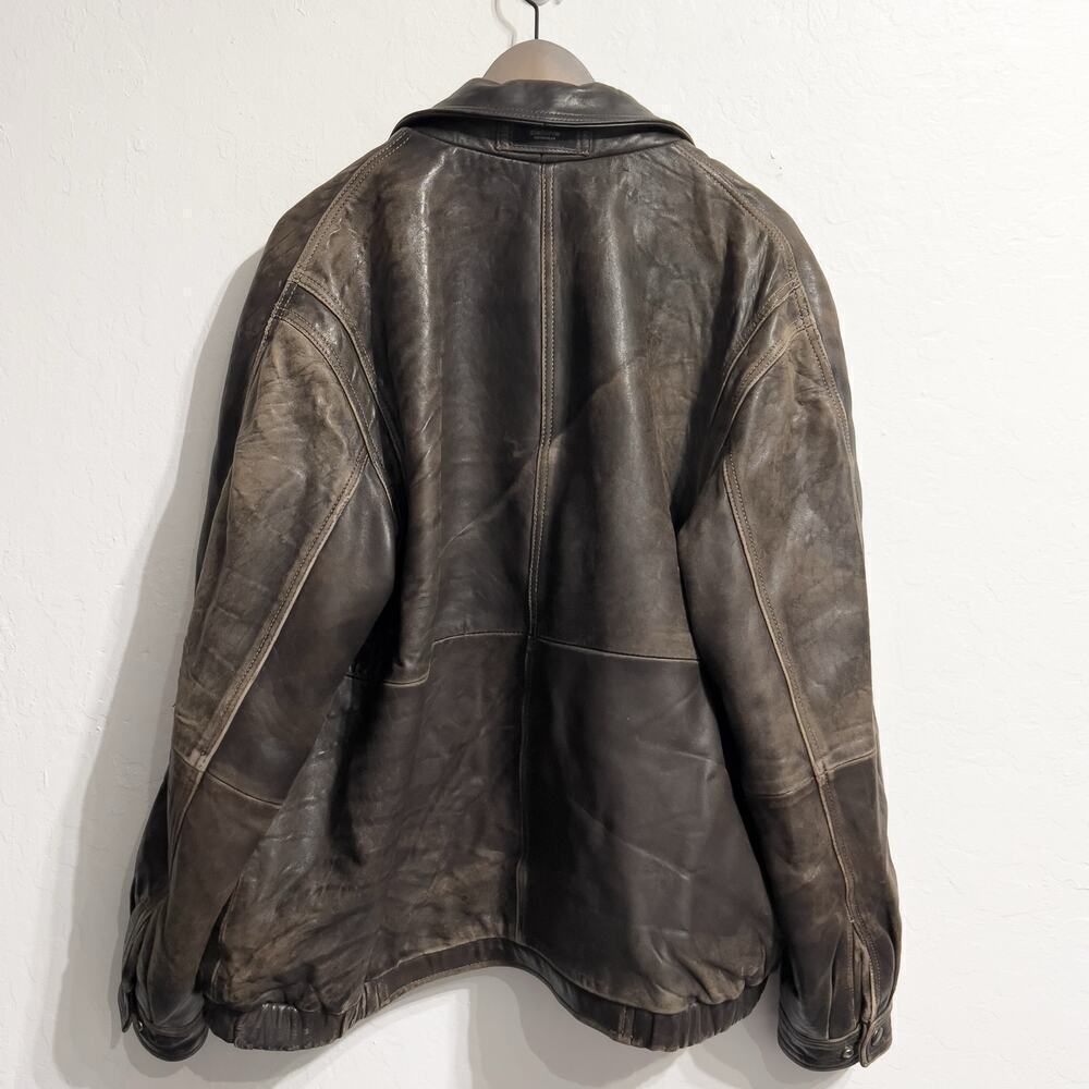 Vintage Brown Leather Bomber Large Full Zip Jacket Dad 80s 90s Distressed Heavy - Picture 2 of 15